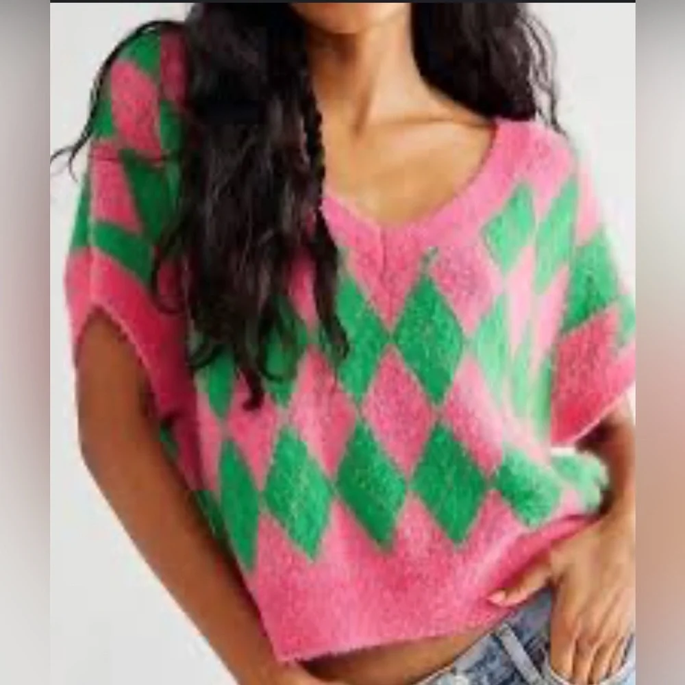 Free People Short Sleeve Argyle Sweater Vest, spring outfit, layering